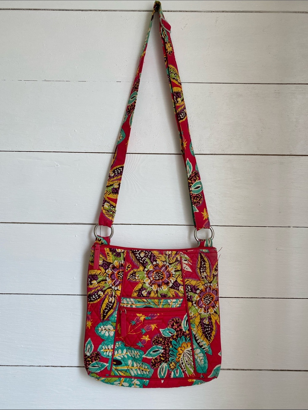 Vera Bradley Quilted Floral Crossbody in Red with Teal & Yellow Accents